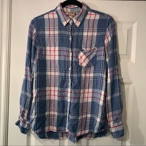 Woolrich Womens Ladies Shirt Blue Pink White Plaid Soft Rayon Blouse Size Large